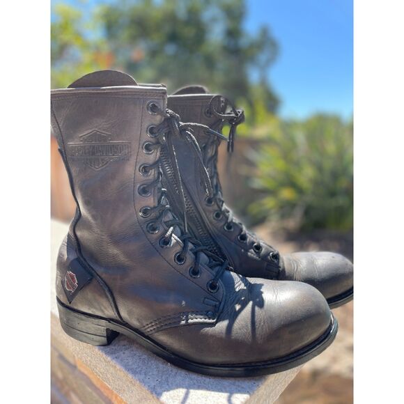 ~ Harley-Davidson 9.5 Men Motorcycle Boots Steel Toe Black Leather Zip Lace W11 - Picture 10 of 16